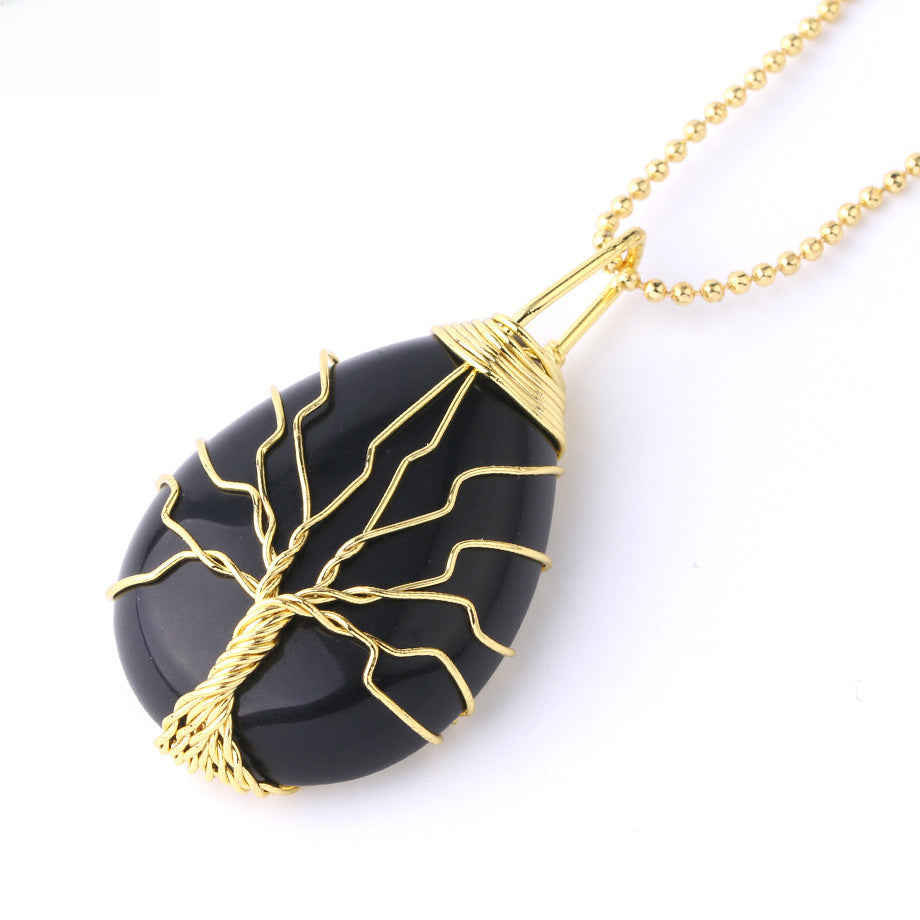 Elegant Gold & Silver Wire Wrapped Teardrop Natural Crystal Gemstone Pendant Necklace for Women