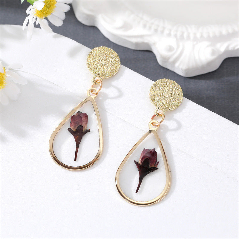 Fashion Ethnic Style Dried Flower Geometric Daisy Rose Pendant Earrings