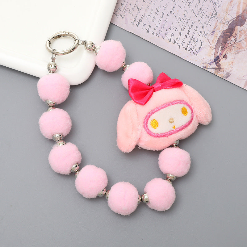 Sweet Flower Beaded Fur Ball Keychain and Phone Charm Bracelet