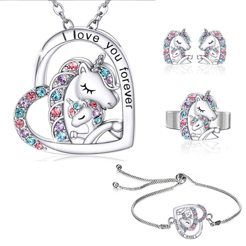 Unicorn Heart Rhinestone Pendant Necklace