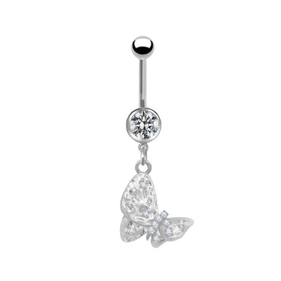 Heart Butterfly Belly Ring - 316 Stainless Steel with Resin Rhinestones, Gold & White Gold Plated