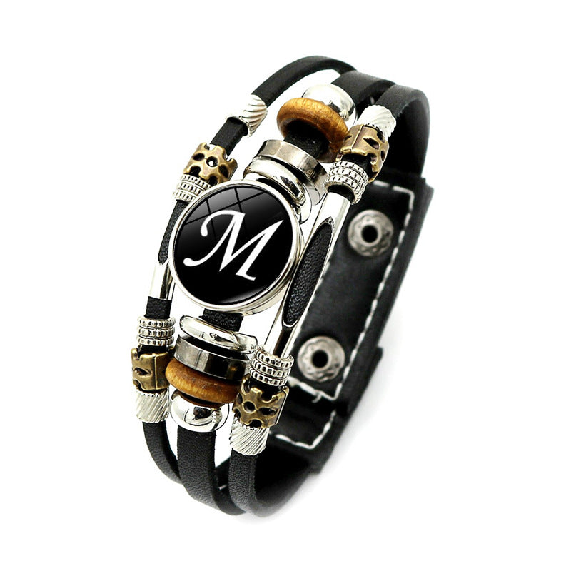 Unisex Retro Punk Multi-Layer Beaded Leather Bracelet with Alphabet Charm