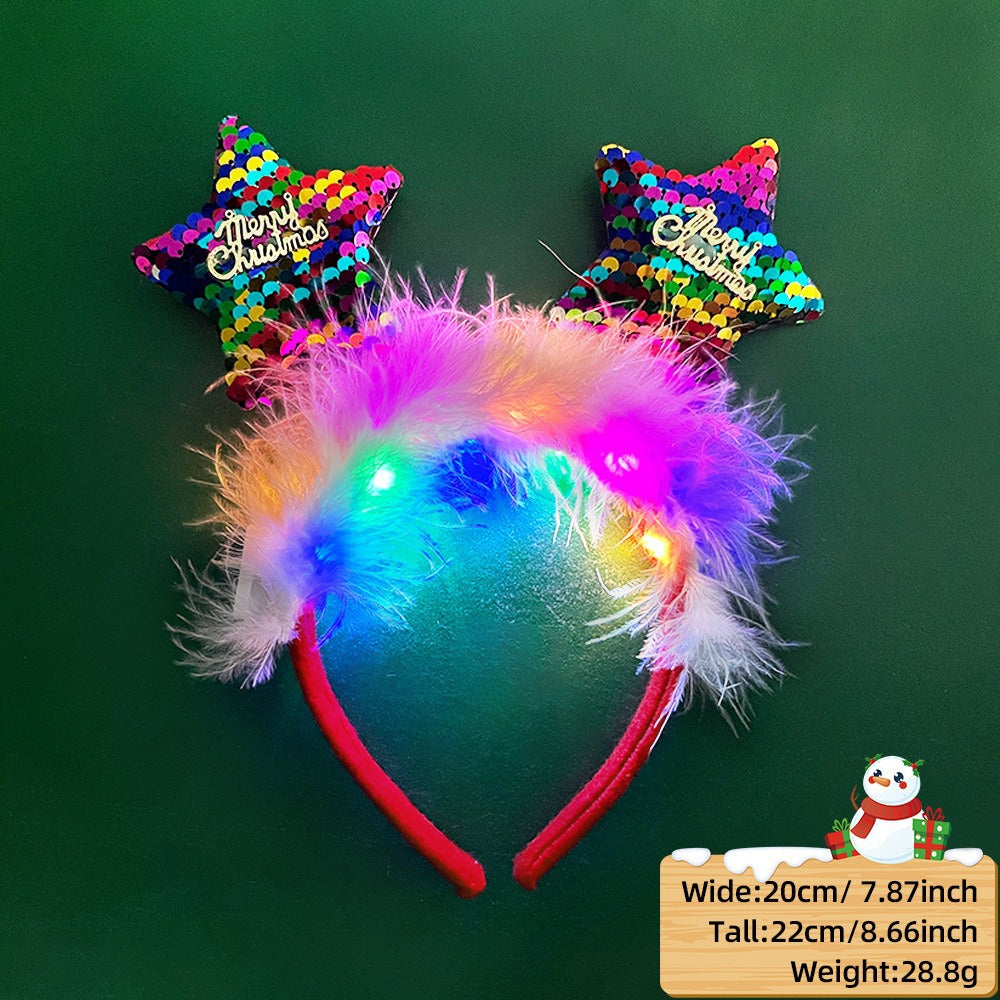 Christmas LED Light-Up Reindeer Antler Headband with Feather Trim