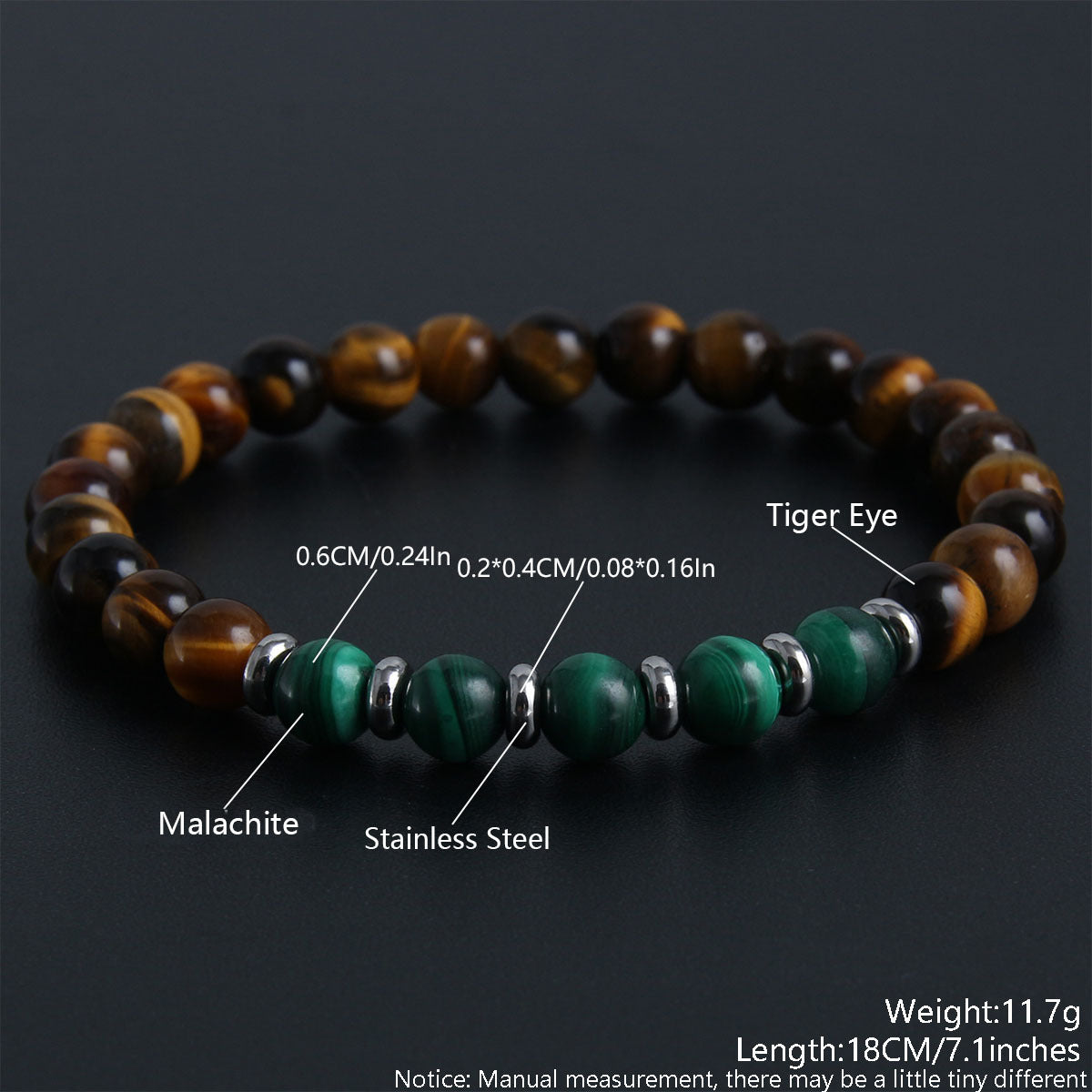 Classic Round Malachite & Tiger Eye Natural Stone Beaded Bracelet for Men and Women