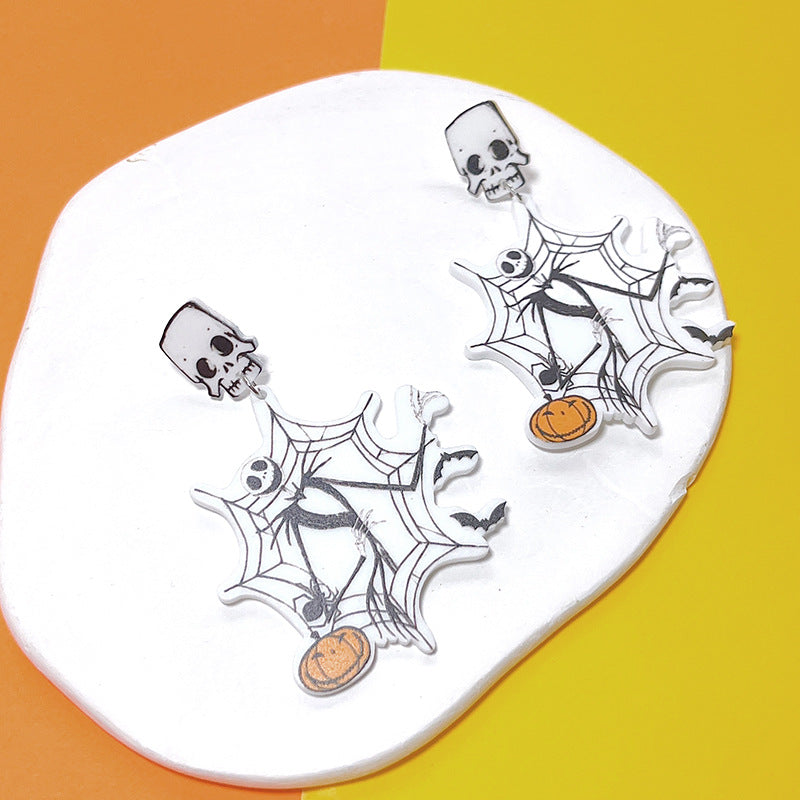 1 Pair Hip-hop Punk Pumpkin Spider Web Skull Arylic Drop Earrings