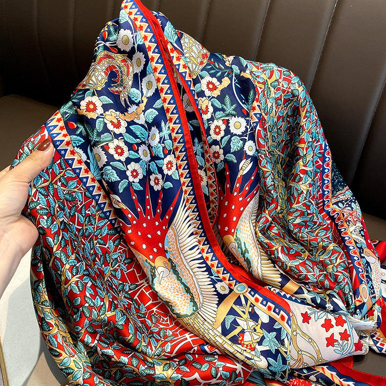 Women's Retro Printed Satin Silk Scarf Shawl Wrap