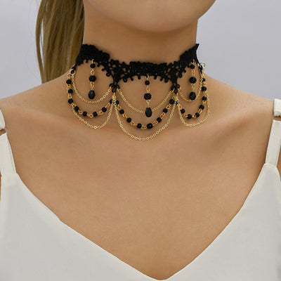 Vintage Style Crystal Inlay Lace Choker Necklace for Women