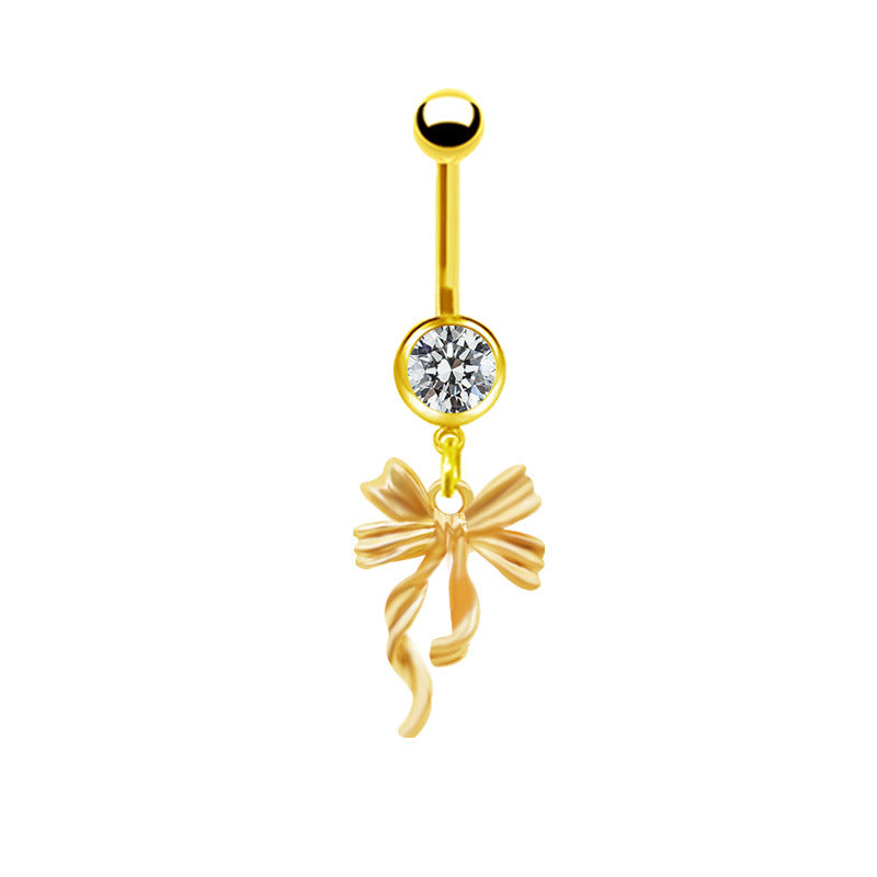 Elegant Bow Knot Belly Ring - 316 Stainless Steel with Rhinestones and Gold Plating