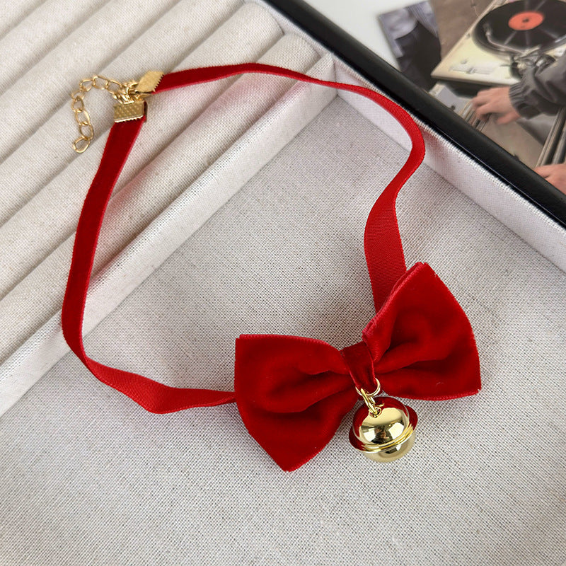 Elegant Velvet Bow Knot Choker Necklace with Bell Charm