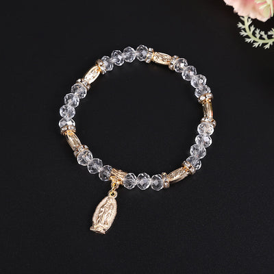 Factory Direct Transparent Crystal Glass Beads Bracelet with Our Lady Pendant, Elastic Design