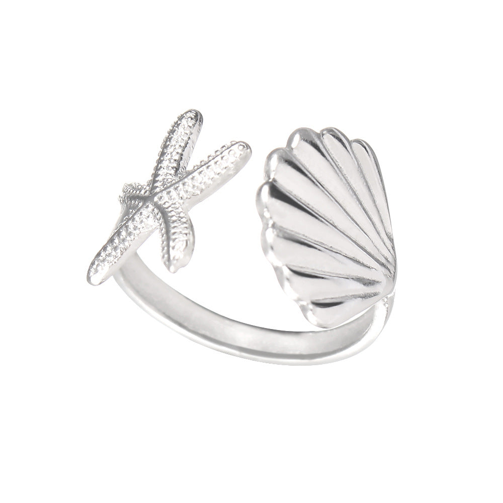 925 Silver Asymmetrical Starfish Shell Open Ring - Japanese Style Beach Vacation Jewelry