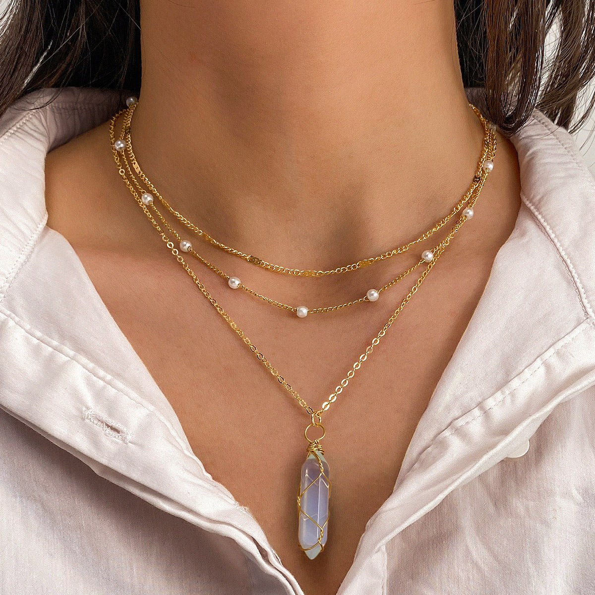 Casual Simple Style Geometric Natural Stone Alloy Wholesale Three Layer Necklace