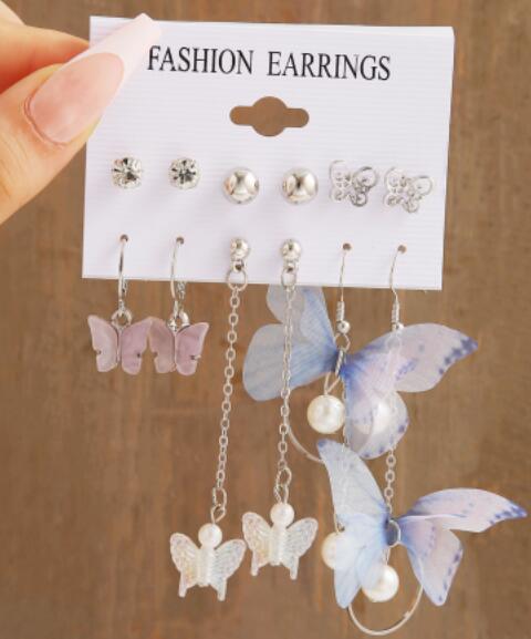 Elegant Geometric Butterfly and Leopard Print Pearl Earring Set - 6 Pairs