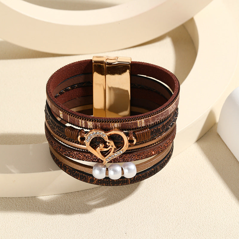 Heart Shape PU Leather Layered Bracelet with Magnetic Buckle and Embossed Letters