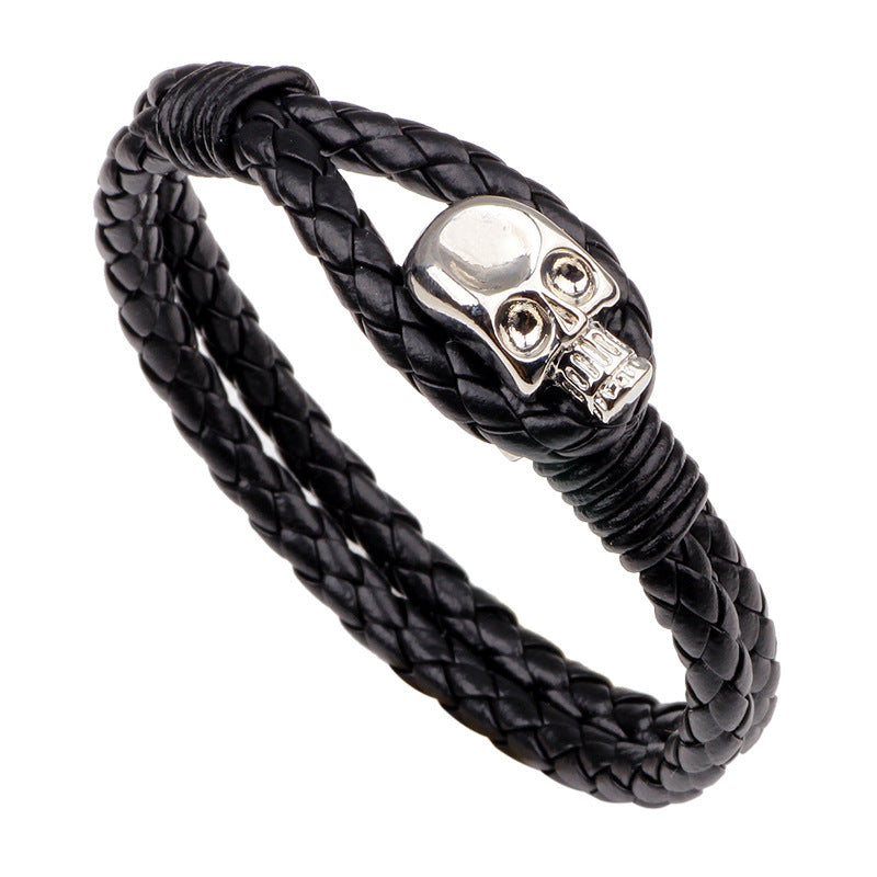 Retro Men's Skull Alloy Buckle Leather Braided Bracelet