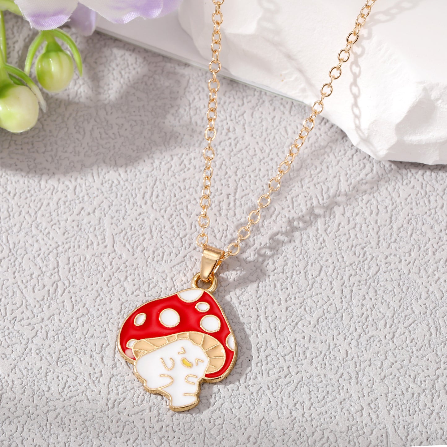 Cute Cartoon Mushroom Enamel Pendant Necklace