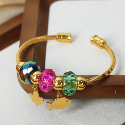 Casual Minimalist Multi-Color Crystal Beaded Titanium Steel 18K Gold Plated Open Bangle