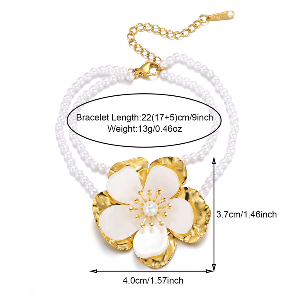 18K Gold Plated Stainless Steel Shell Flower Zircon Women's Bracelet