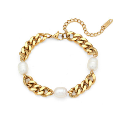 Elegant Geometric Gold Plated Stainless Steel Pearl Jewelry Set - Necklace and Bracelet