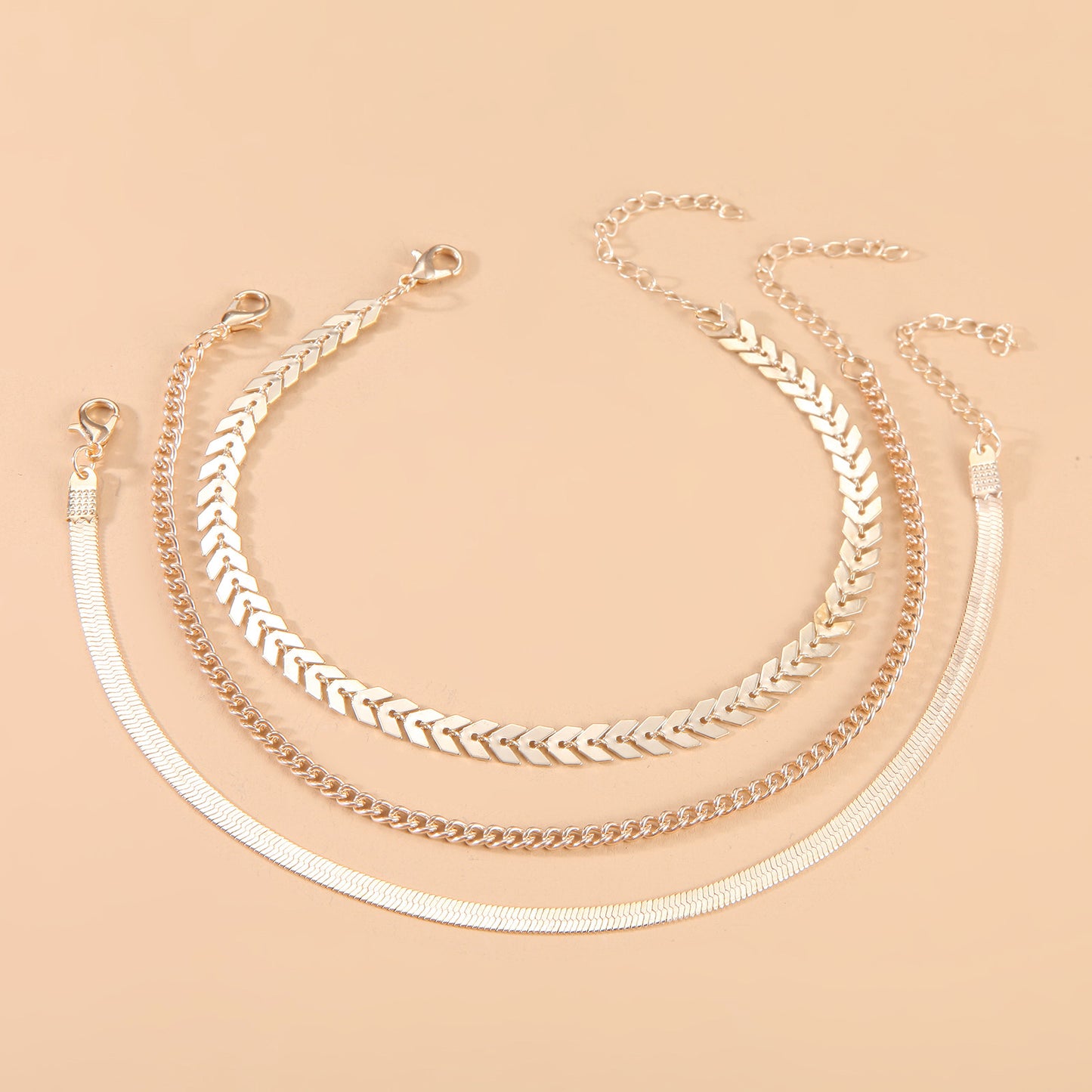 Geometric Metal Plated Anklet Set - 3 Layer Wheat Chain Design