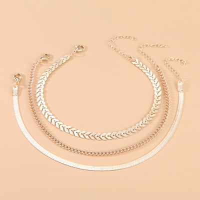 Geometric Metal Plated Anklet Set - 3 Layer Wheat Chain Design