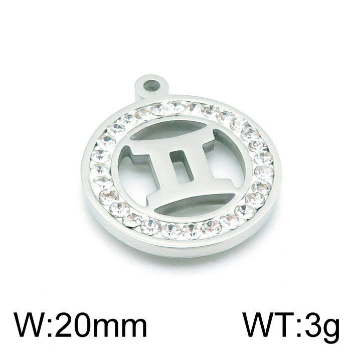 Classic Stainless Steel Zodiac Constellation Pendant Necklace with Rhinestone Inlay