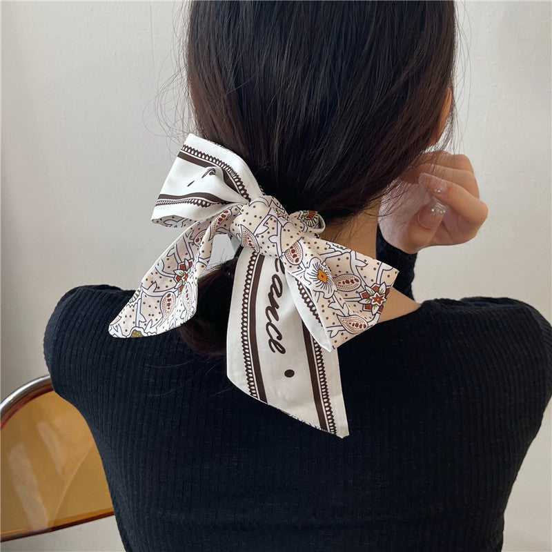 Women's Elegant Geometric Silk Scarf and Hair Ribbon Accessory