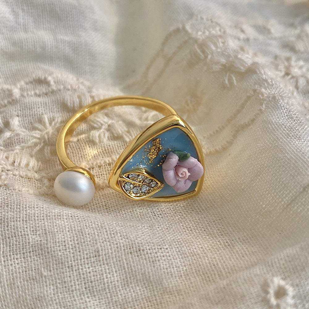 18K Gold Plated Baroque Pearl Blue Enamel Flower Open Ring