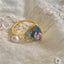 18K Gold Plated Baroque Pearl Blue Enamel Flower Open Ring