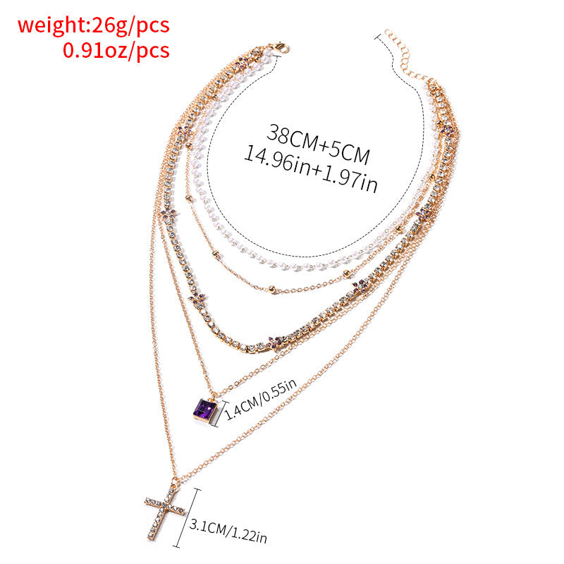 Shiny Zircon Cross Pendant Layered Necklace for Women