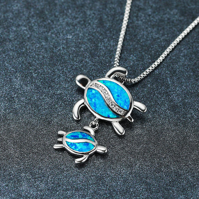 Beach Tortoise Alloy Pendant Necklace with Blue Opal Design