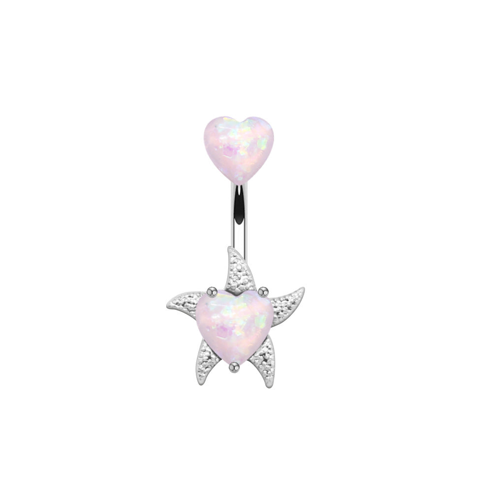 Elegant Heart-Shaped Butterfly Belly Button Ring with Rhinestones and Opal in White Gold Plated Stainless Steel