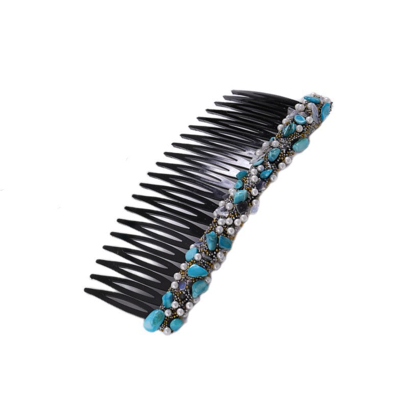 Women's Colorful Stone Hair Band with Artificial Pearl Inlay and Floral Plastic Hair Combs