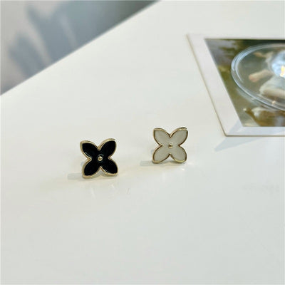 Four Leaf Clover Enamel & S925 Silver Asymmetrical Stud Earrings for Women