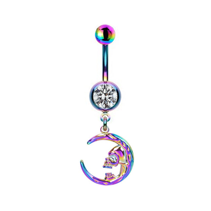 Hip-hop Rock Starry Sky Moon Rhinestone Belly Ring Stainless Steel Alloy White Gold Plated