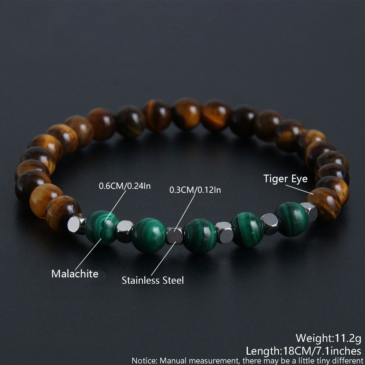 Classic Round Malachite & Tiger Eye Natural Stone Beaded Bracelet for Men and Women