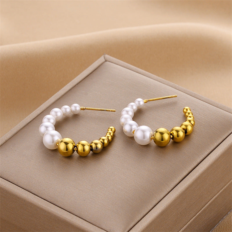 Fashion C Shape Imitation Pearl Titanium Steel Plated Minimalist Earrings