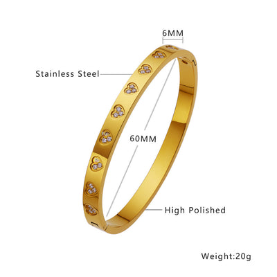 Simple Heart Shape Diamond Gold-Plated Titanium Steel Bangle Bracelet