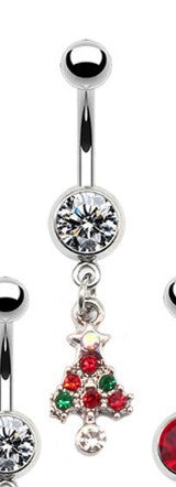 Simple Christmas Tree Snowflake Rhinestone Belly Ring in White Gold Plated Stainless Steel