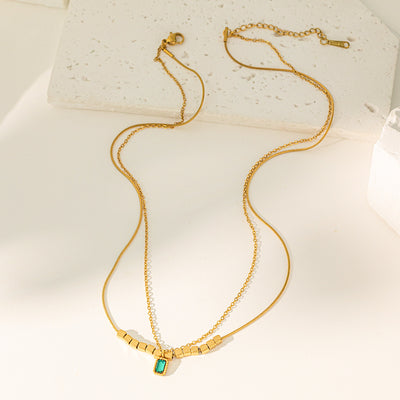 Elegant Geometric Square 18K Gold Plated Stainless Steel Necklace with Green Zirconia Pendant