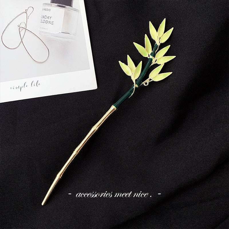 Chinoiserie Leaf Alloy Hairpin with Acetic Acid Inlay and Rhinestones