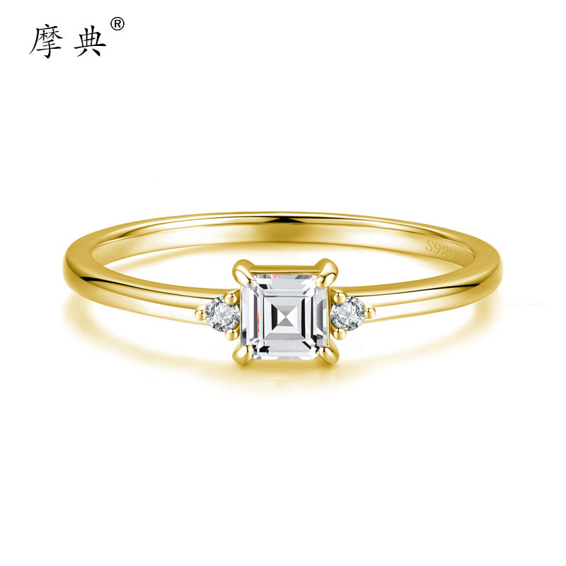 INS Style Classic Square Sterling Silver Zircon Inlay 14K Gold Plated Ring