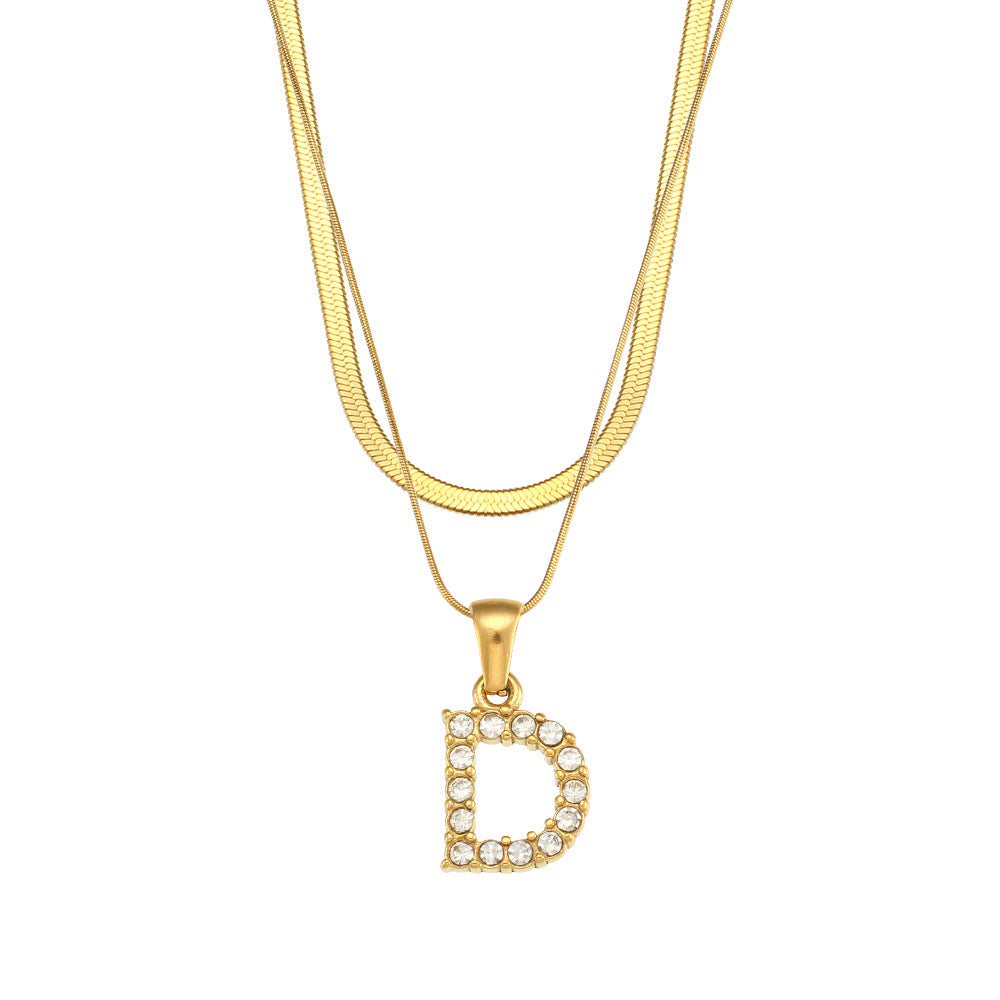 Fashion 18K Gold Plated Double-Layer Chain Zircon Letter Stainless Steel Necklace