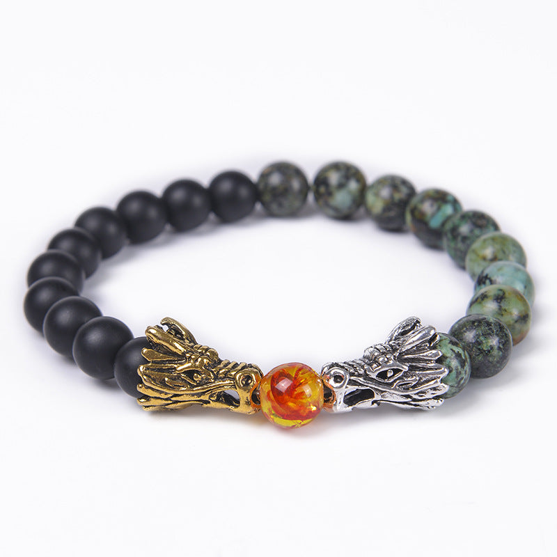 Classic Round Natural Stone Beaded Bracelet with Dragon Head and Matte Tiger Eye Beads