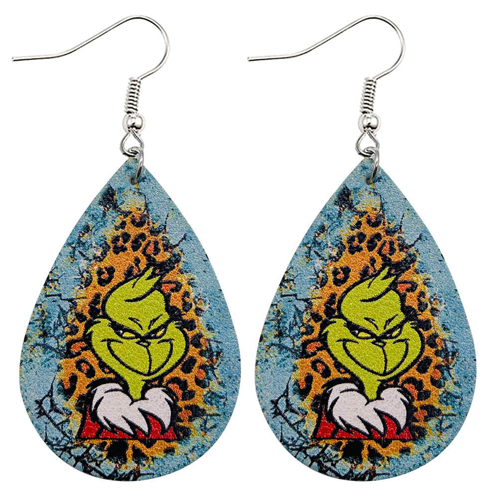 Novelty Christmas Green Frog PU Leather Water Droplet Earrings for Women