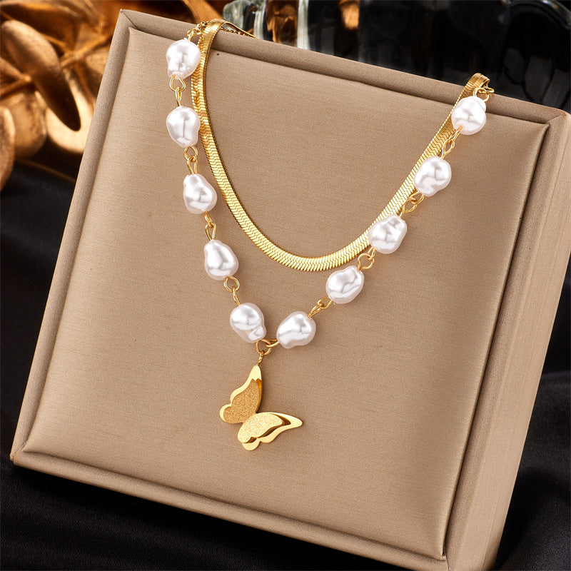 Baroque Butterfly Pearl 18k Gold Plated Layered Necklace with Heart and Starburst Pendant