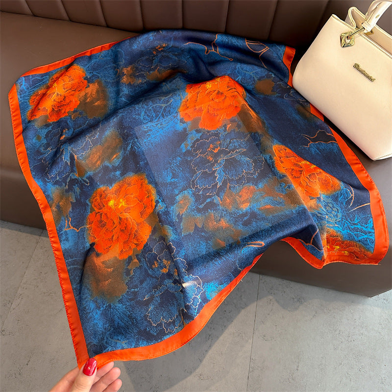 Women's Color Block Cat Print Polyester Silk Square Scarf 70cm