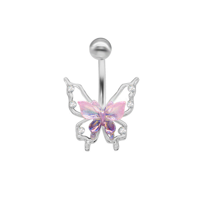 Elegant Tropical Butterfly Belly Ring - 316 Stainless Steel with Rhinestones