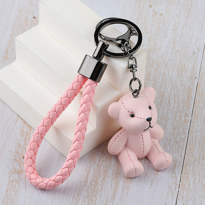 Cute Bear Resin Keychain Pendant - Cartoon Woven Strap Teddy Bear Car Charm