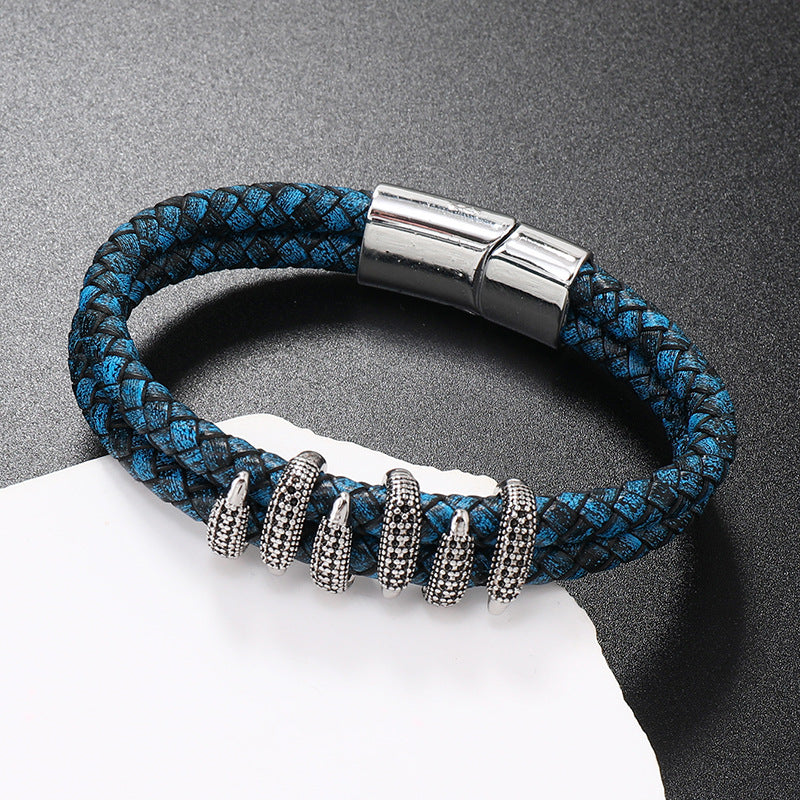 Retro Geometric Alloy Knitted Leather Men's Bracelet